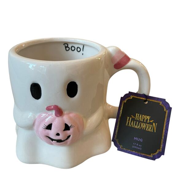 Halloween Ghost Mug With Pink Pumpkin 17oz Cute Ceramic BOO Coffee Cup NEW - Picture 8 of 12